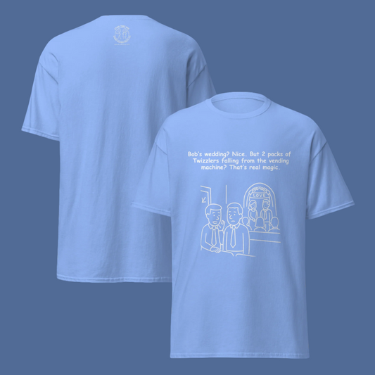 Funny men's sarcastic wedding candy humor novelty tee, casual streetwear  graphic t-shirt showing the front and back view, featuring a wedding ceremony line art illustration. Perfect as a sarcastic vending machine joke or funny gift for friends, with the quote: "Bob's wedding? Nice. But 2 packs of Twizzlers falling from the vending machine? That's real magic."