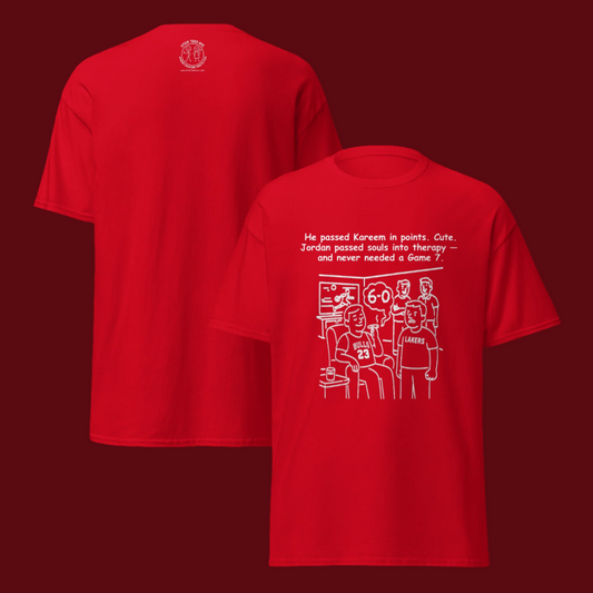 Funny men's sarcastic  t-shirt showing the front and back view, featuring a line art graphic of a basketball debate with a fan in a Jordan 23 jersey smoking a cigar and the humorous quote: "He passed Kareem in points. Cute. Jordan passed souls into therapy -- and never needed a Game 7."
